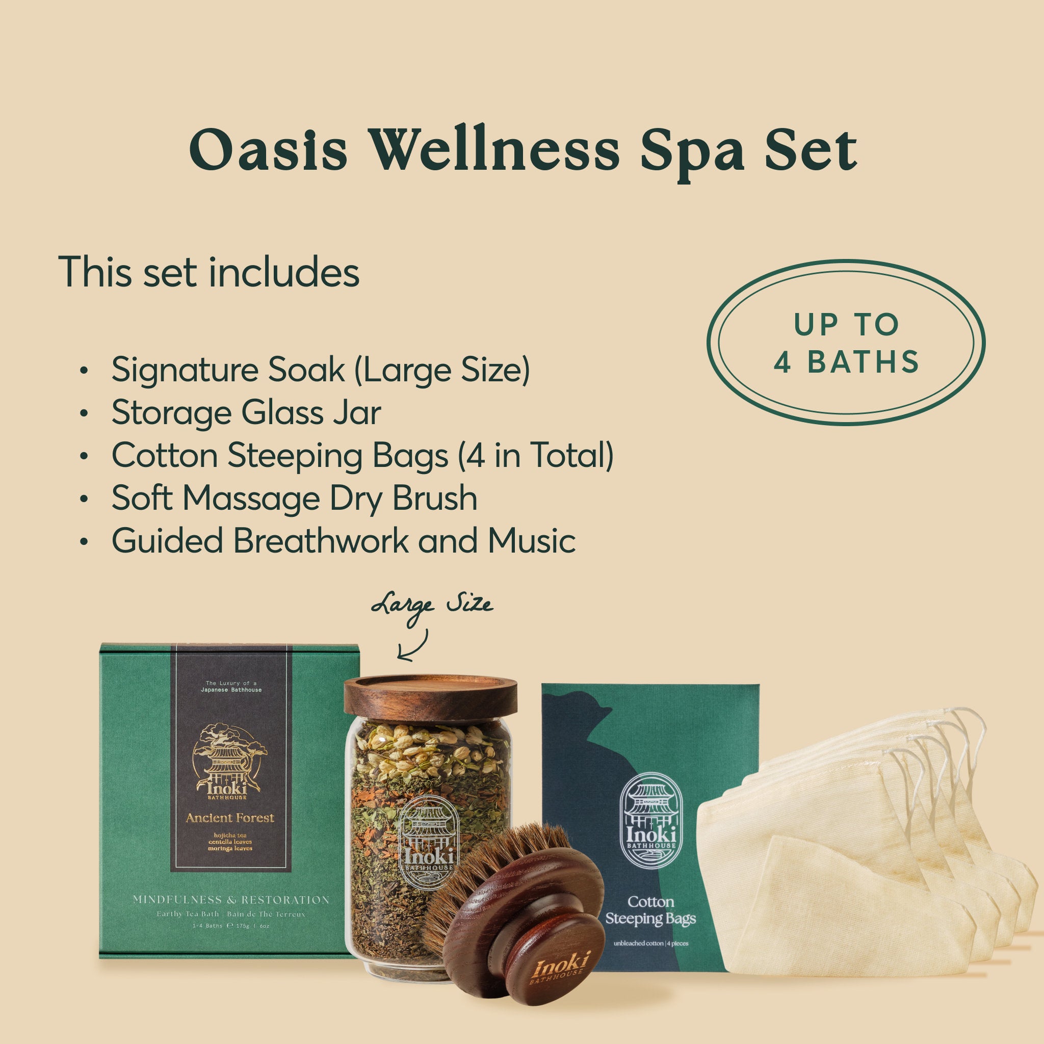 What's included in the Oasis Wellness Spa Set: large signature soak, glass jar, four cotton steeping bags, soft massage dry brush, plus guided breathwork and music