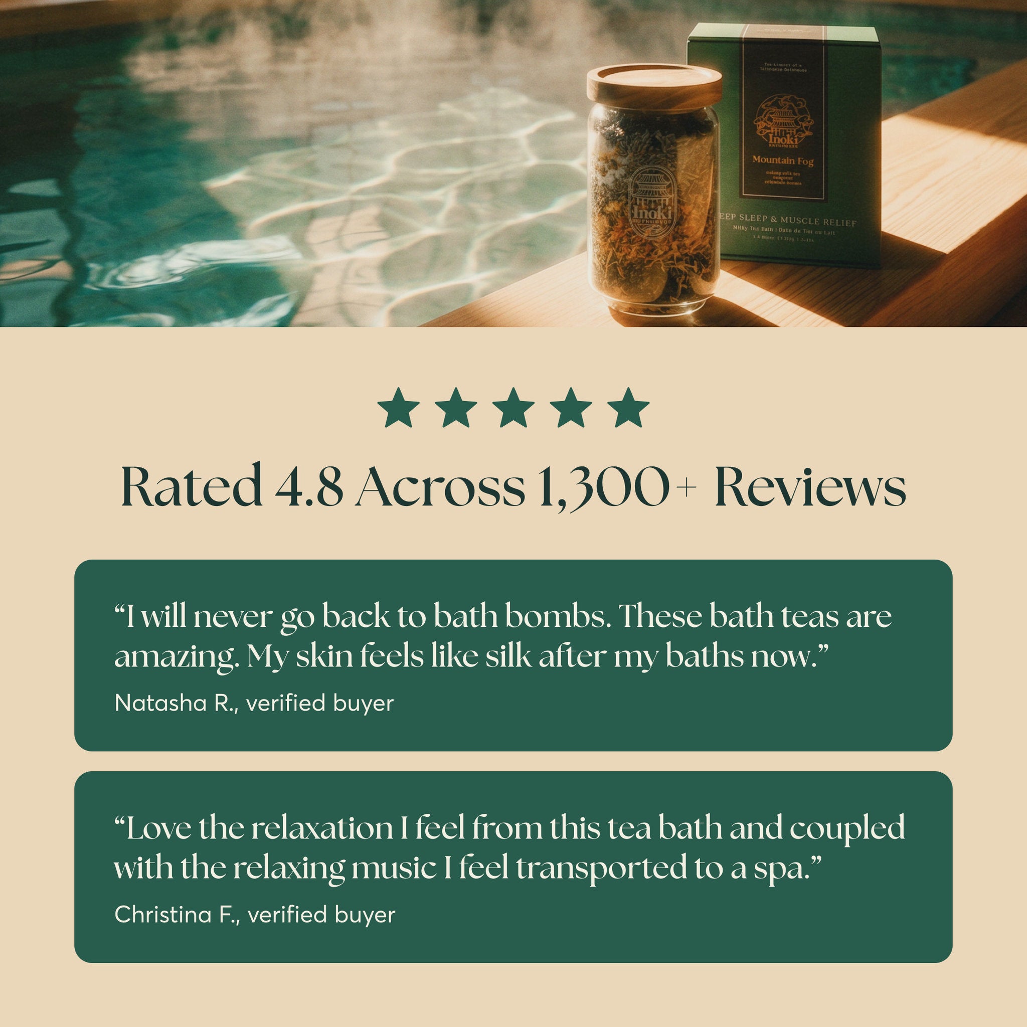Inoki tea baths rated 4.8 across 1,300+ reviews