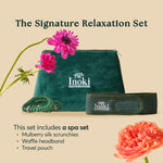 Inoki spa set: mulberry silk scrunchies, waffle headband and travel pouch