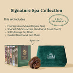 What's included in the Signature Spa Collection: five regular-size signature soaks, spa set, soft massage dry brush, plus guided breathwork and music