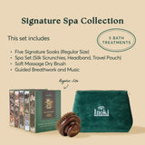 What's included in the Signature Spa Collection: five regular-size signature soaks, spa set, soft massage dry brush, plus guided breathwork and music